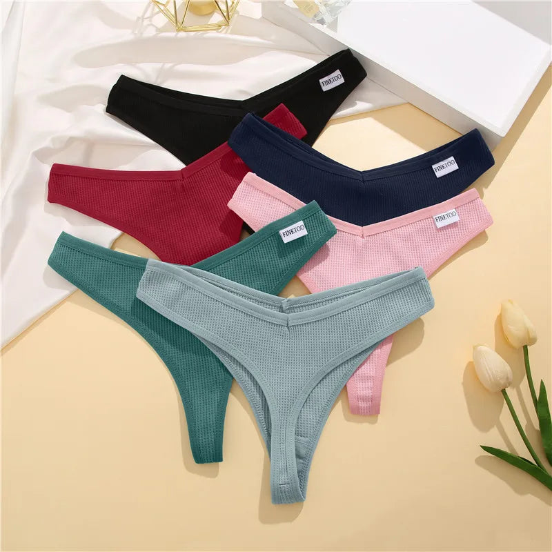 FINETOO 3PCS/Set G-string Panties Waffle Cotton Women's Underwear Sexy Panties Female Underpants Thong V-Waist Pantys Lingerie