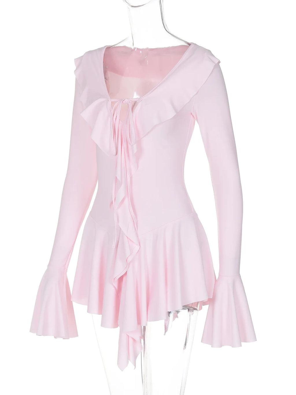 Women's Elegant Casual Dress Spring 2025 Deep V Neck Flared Sleeve Ruffled Lace Pleated Short Fashion Dress