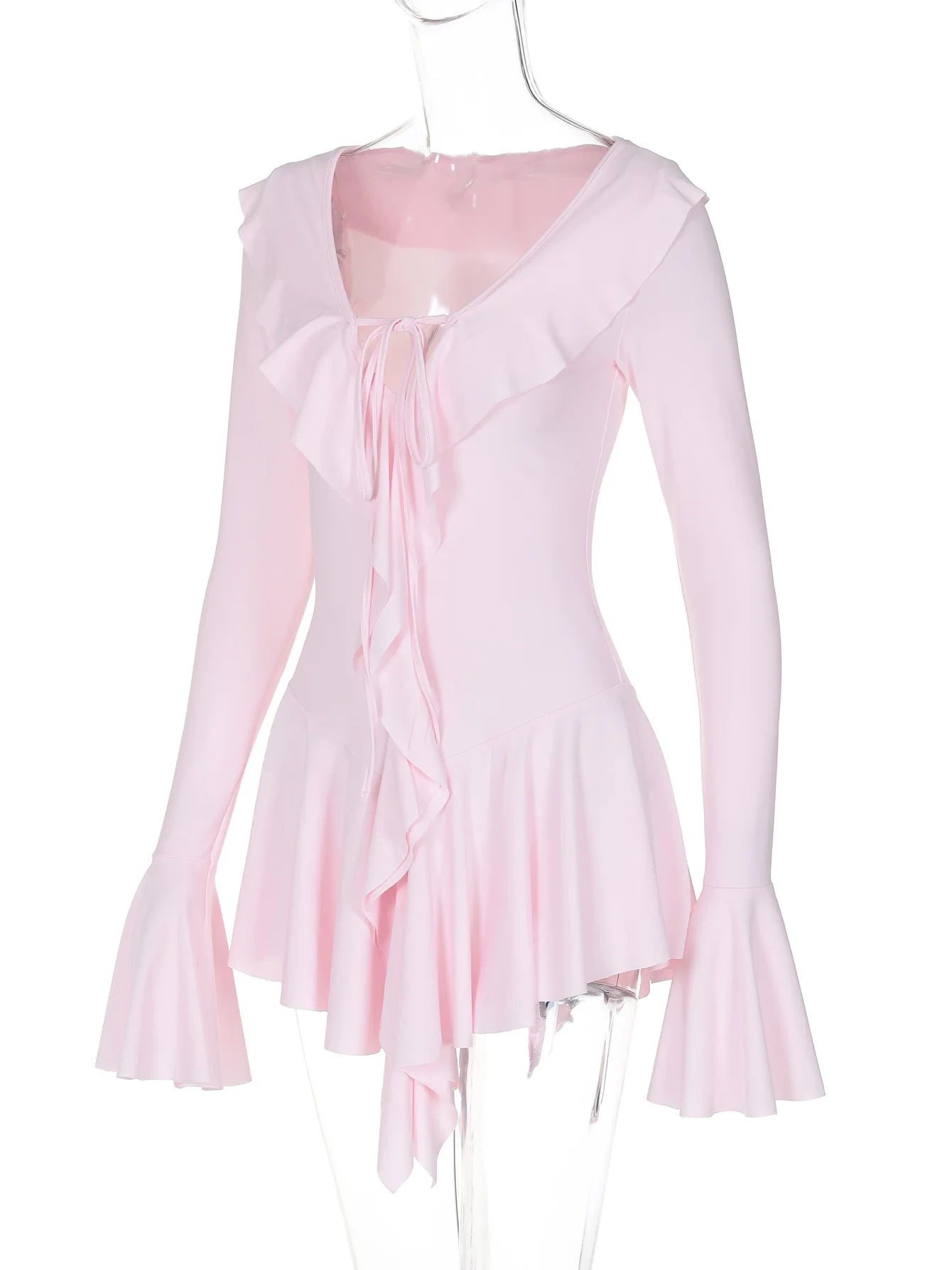 Women's Elegant Casual Dress Spring 2025 Deep V Neck Flared Sleeve Ruffled Lace Pleated Short Fashion Dress