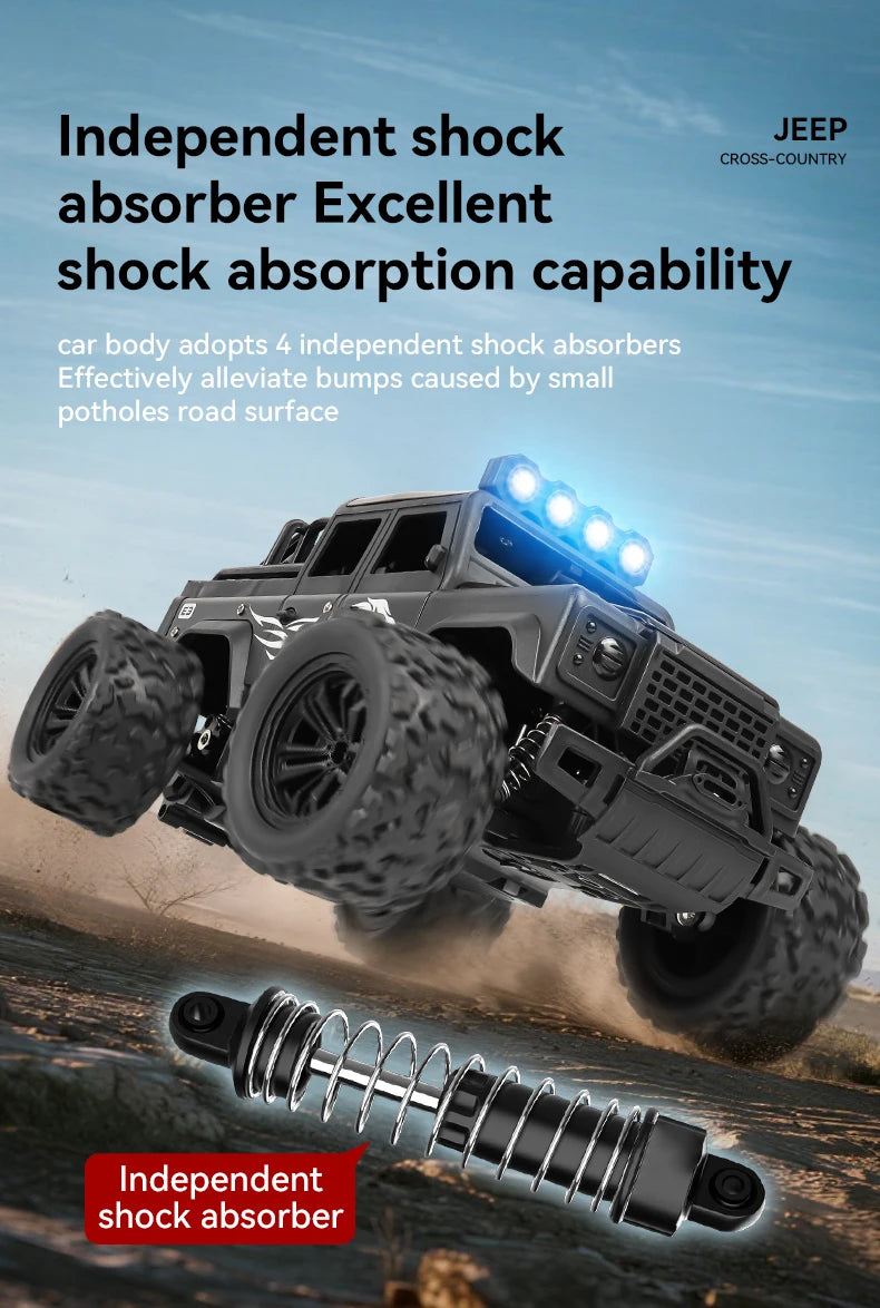 Remote control toy off-road vehicle, all-terrain adaptability, spring shock absorption, easy climbing, LED searchlight