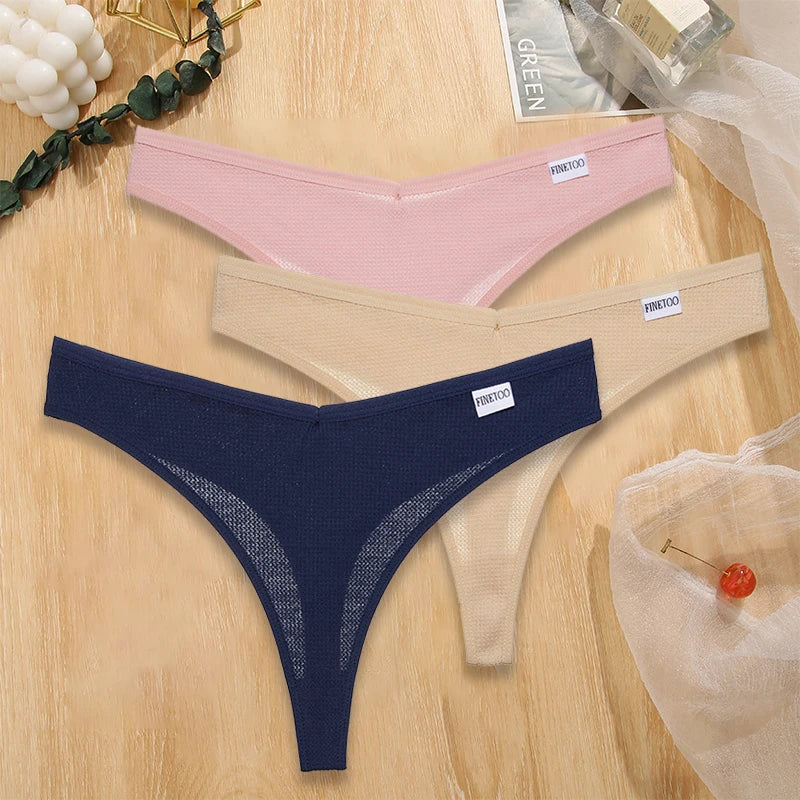 FINETOO 3PCS/Set G-string Panties Waffle Cotton Women's Underwear Sexy Panties Female Underpants Thong V-Waist Pantys Lingerie