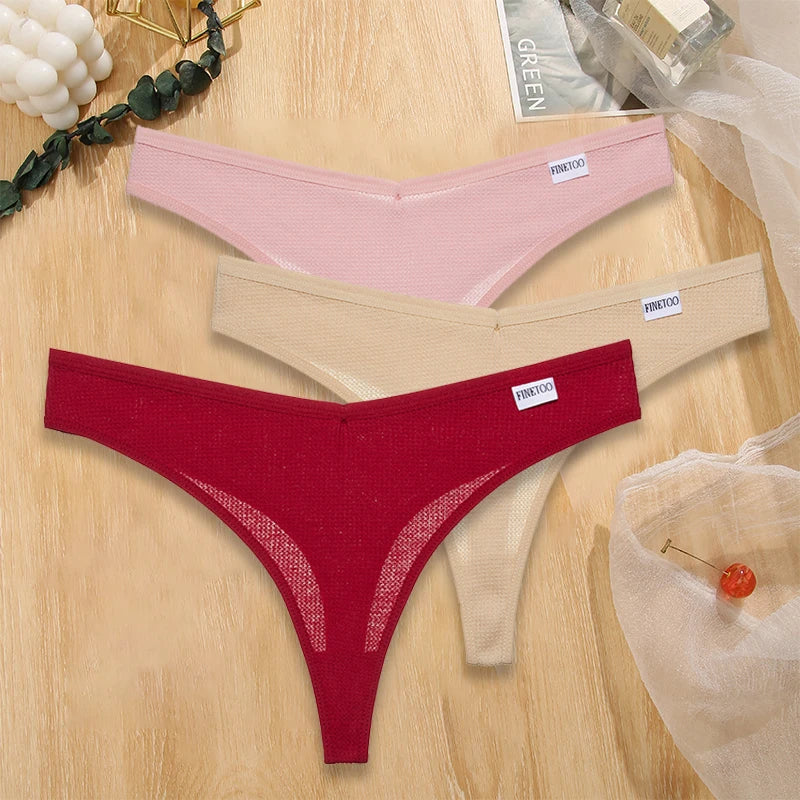 FINETOO 3PCS/Set G-string Panties Waffle Cotton Women's Underwear Sexy Panties Female Underpants Thong V-Waist Pantys Lingerie