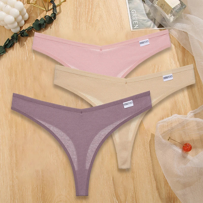 FINETOO 3PCS/Set G-string Panties Waffle Cotton Women's Underwear Sexy Panties Female Underpants Thong V-Waist Pantys Lingerie