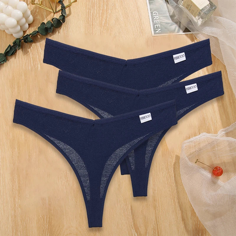 FINETOO 3PCS/Set G-string Panties Waffle Cotton Women's Underwear Sexy Panties Female Underpants Thong V-Waist Pantys Lingerie