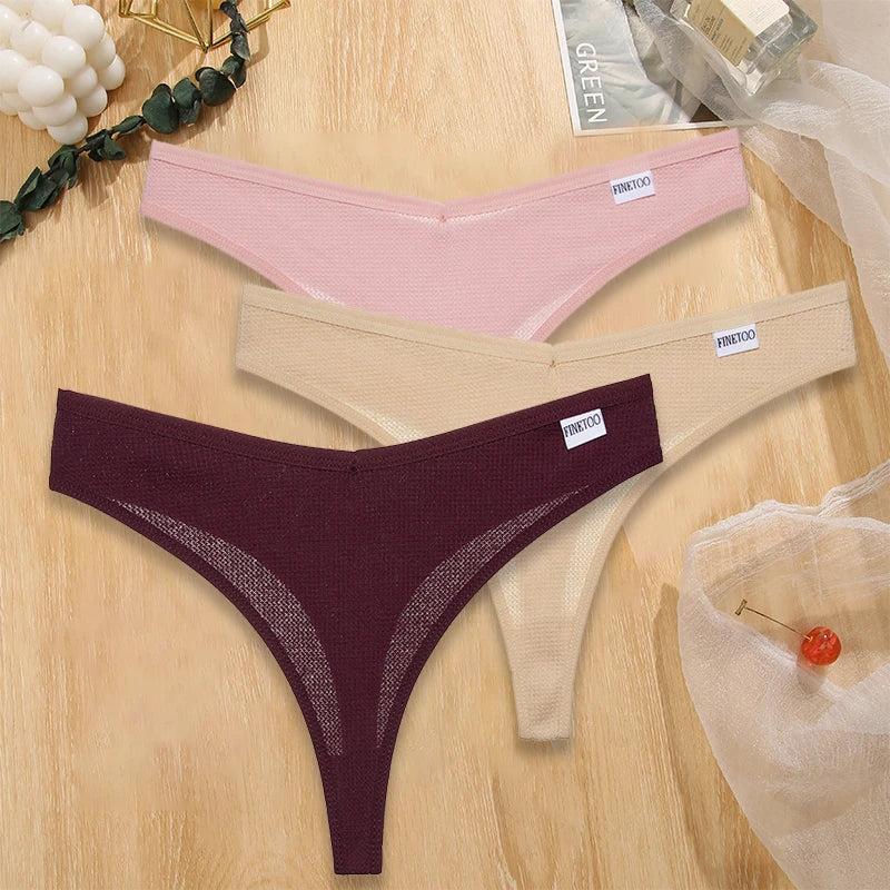 FINETOO 3PCS/Set G-string Panties Waffle Cotton Women's Underwear Sexy Panties Female Underpants Thong V-Waist Pantys Lingerie