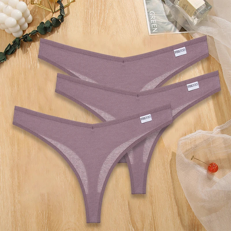 FINETOO 3PCS/Set G-string Panties Waffle Cotton Women's Underwear Sexy Panties Female Underpants Thong V-Waist Pantys Lingerie