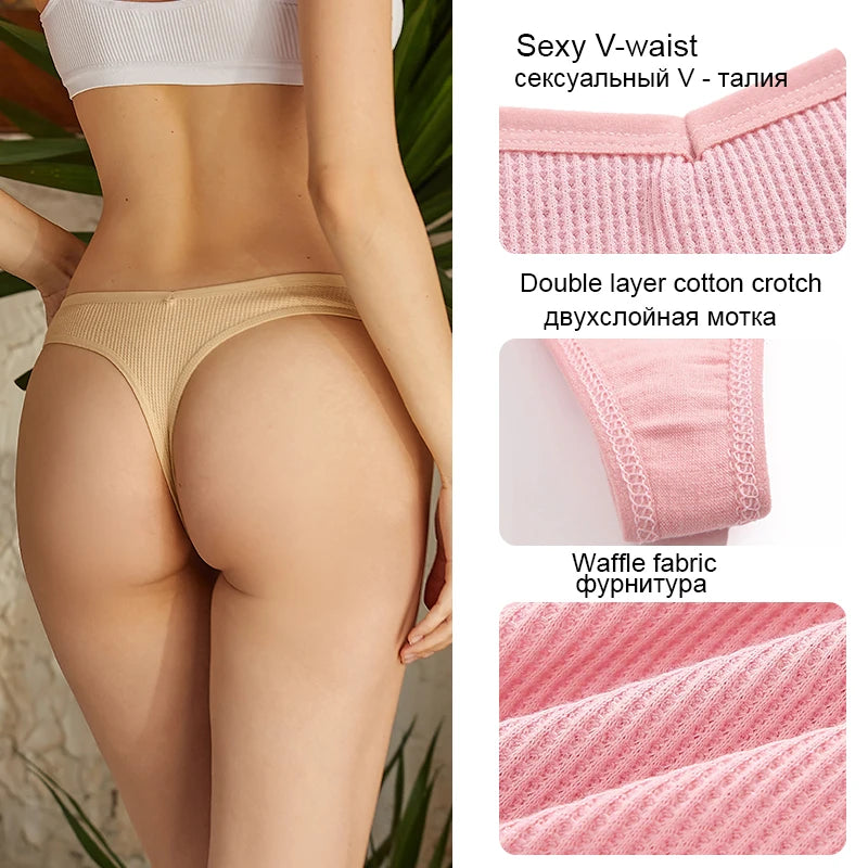 FINETOO 3PCS/Set G-string Panties Waffle Cotton Women's Underwear Sexy Panties Female Underpants Thong V-Waist Pantys Lingerie