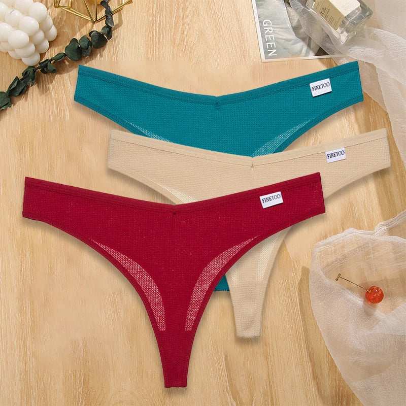 FINETOO 3PCS/Set G-string Panties Waffle Cotton Women's Underwear Sexy Panties Female Underpants Thong V-Waist Pantys Lingerie