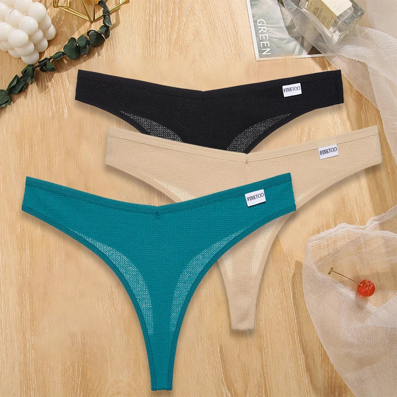 FINETOO 3PCS/Set G-string Panties Waffle Cotton Women's Underwear Sexy Panties Female Underpants Thong V-Waist Pantys Lingerie