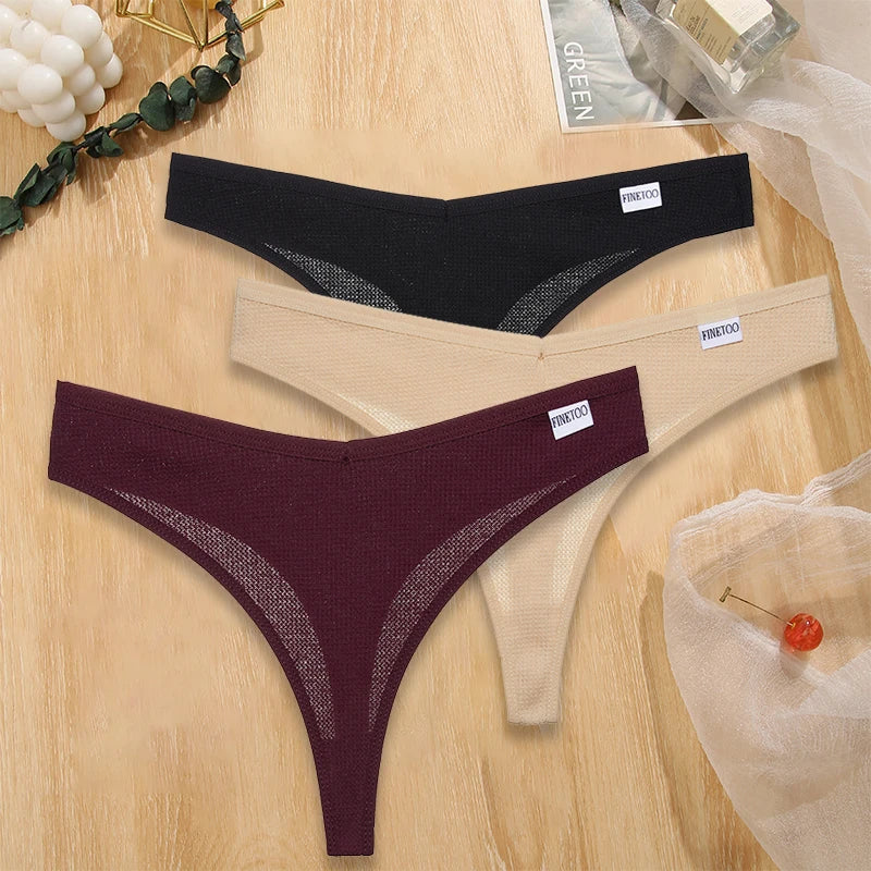 FINETOO 3PCS/Set G-string Panties Waffle Cotton Women's Underwear Sexy Panties Female Underpants Thong V-Waist Pantys Lingerie