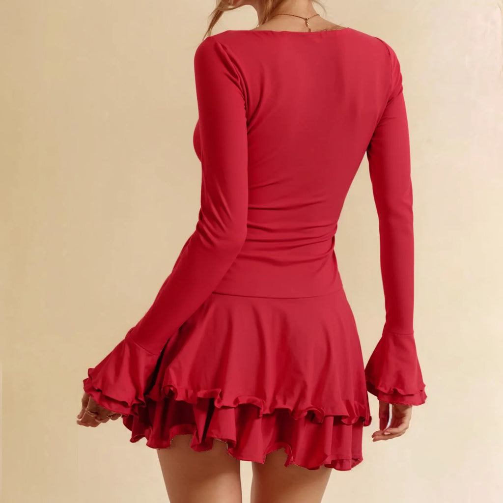 Flare Sleeve Ruffle Sexy V Neck Mini Women Robe Irregular Single-breasted High Waist Slim A-line luxury birthday Dress vestido