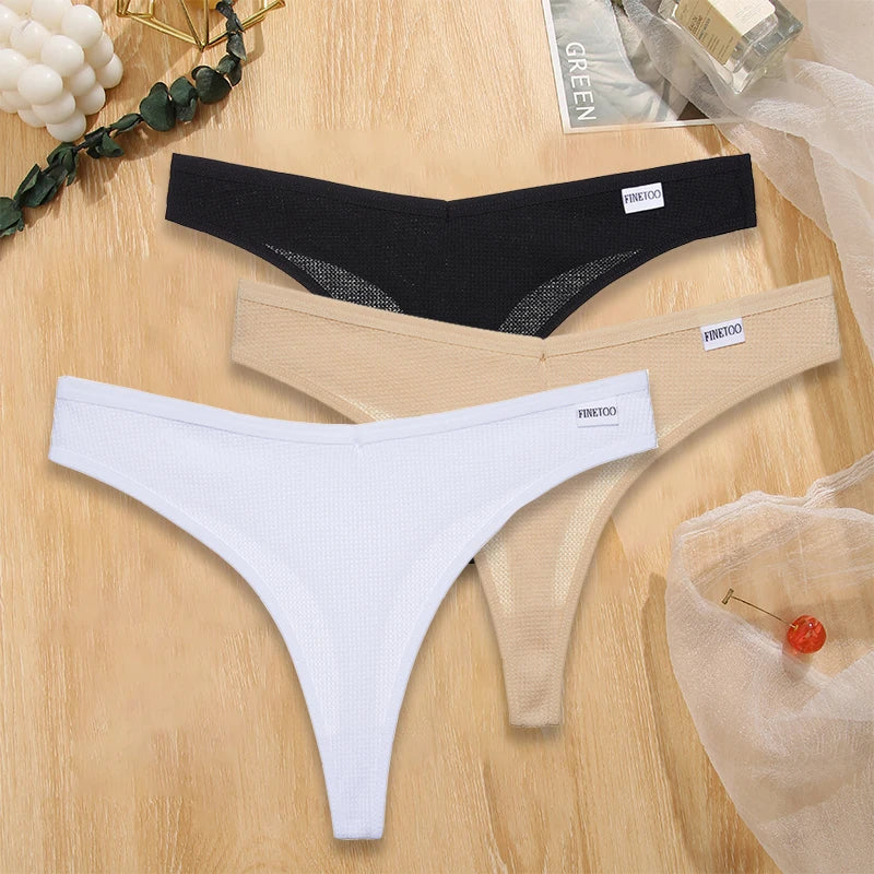 FINETOO 3PCS/Set G-string Panties Waffle Cotton Women's Underwear Sexy Panties Female Underpants Thong V-Waist Pantys Lingerie