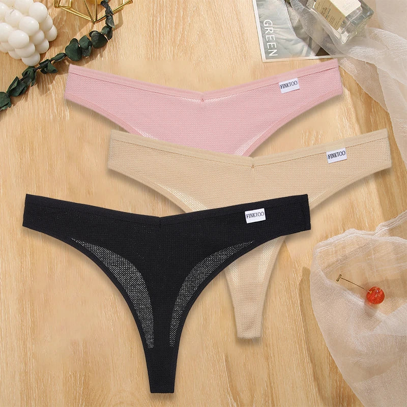 FINETOO 3PCS/Set G-string Panties Waffle Cotton Women's Underwear Sexy Panties Female Underpants Thong V-Waist Pantys Lingerie