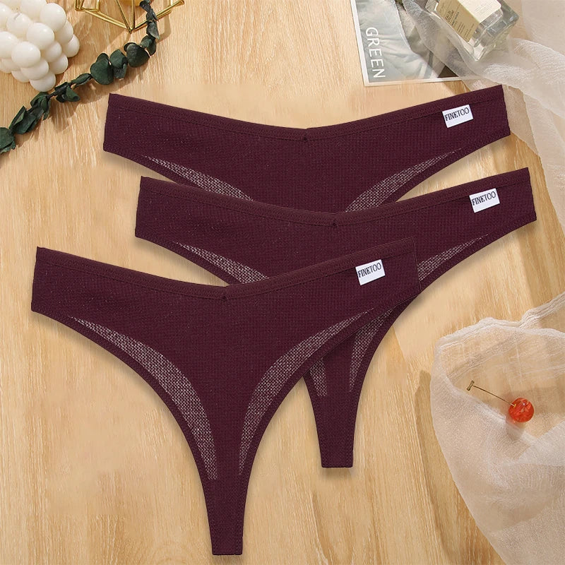 FINETOO 3PCS/Set G-string Panties Waffle Cotton Women's Underwear Sexy Panties Female Underpants Thong V-Waist Pantys Lingerie