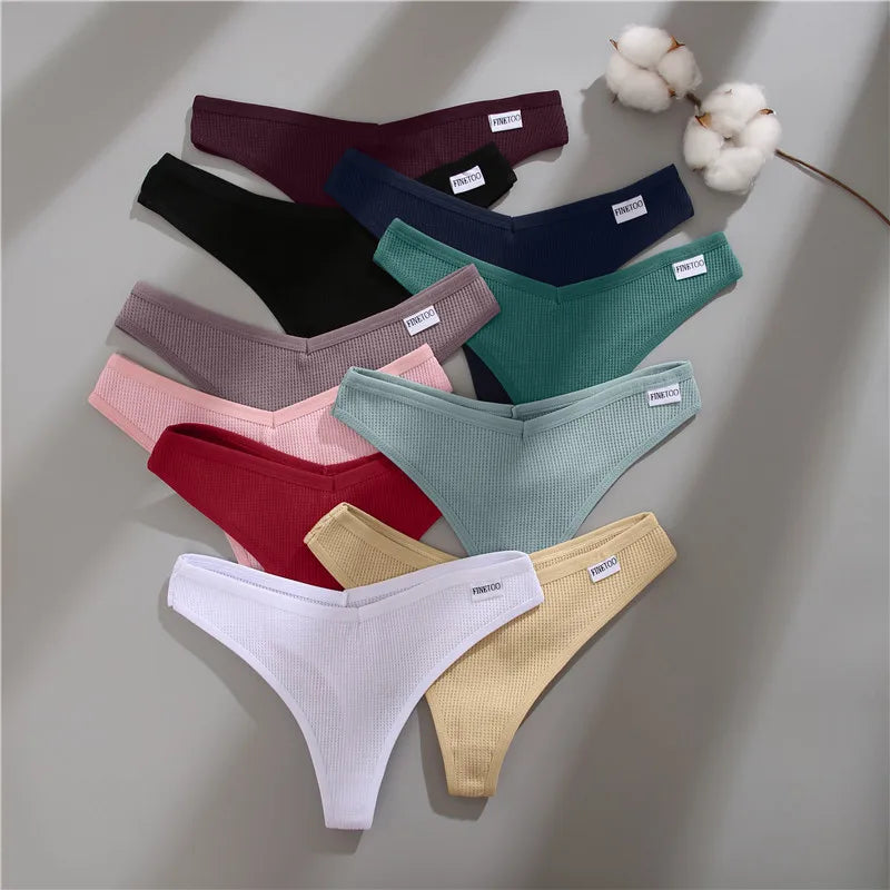 FINETOO 3PCS/Set G-string Panties Waffle Cotton Women's Underwear Sexy Panties Female Underpants Thong V-Waist Pantys Lingerie