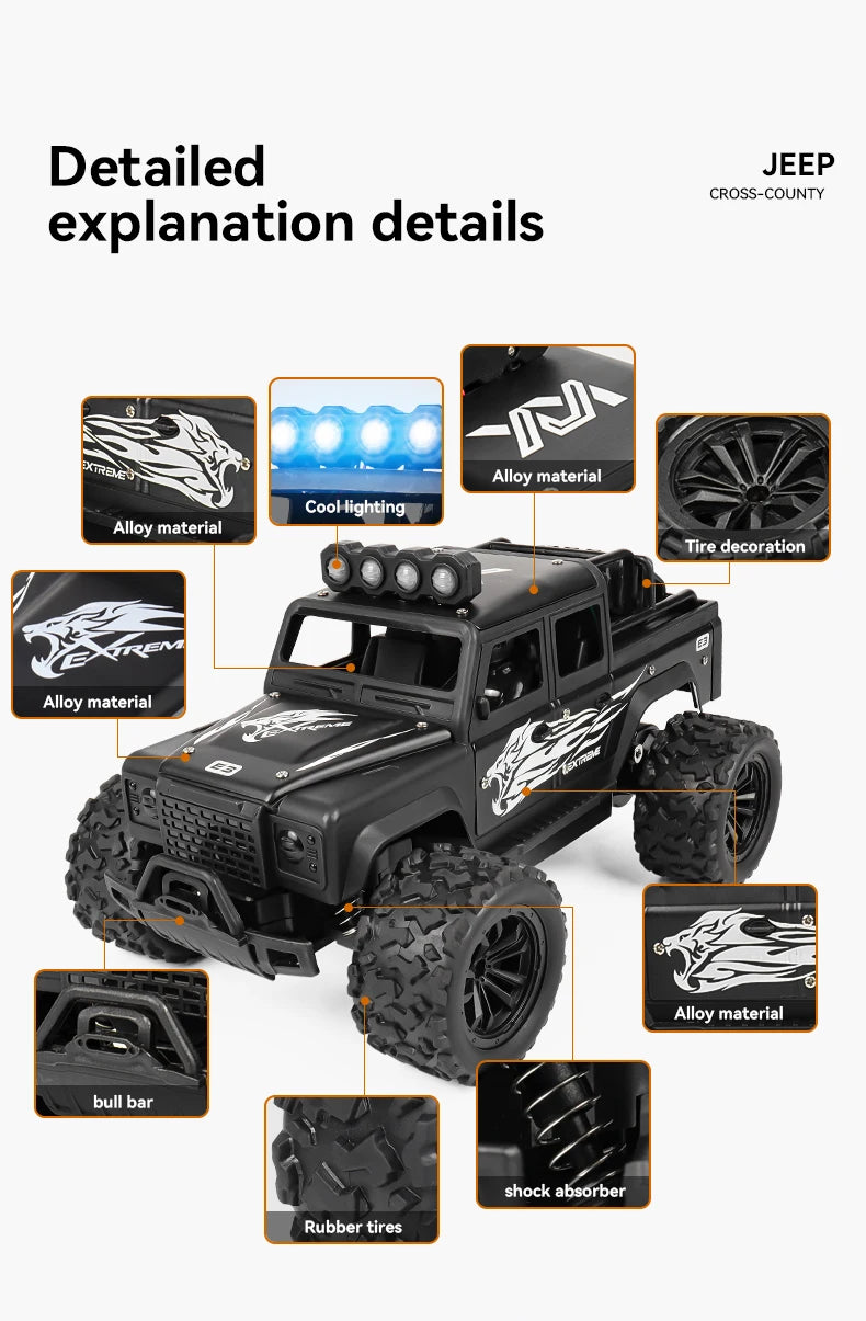 Remote control toy off-road vehicle, all-terrain adaptability, spring shock absorption, easy climbing, LED searchlight