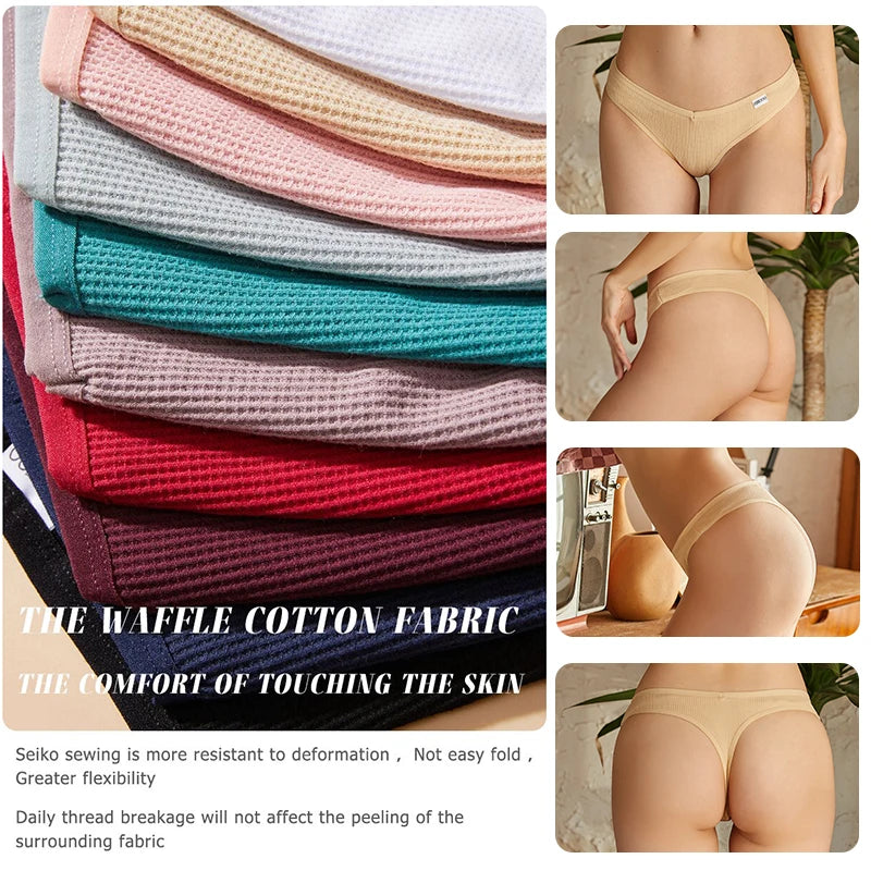FINETOO 3PCS/Set G-string Panties Waffle Cotton Women's Underwear Sexy Panties Female Underpants Thong V-Waist Pantys Lingerie