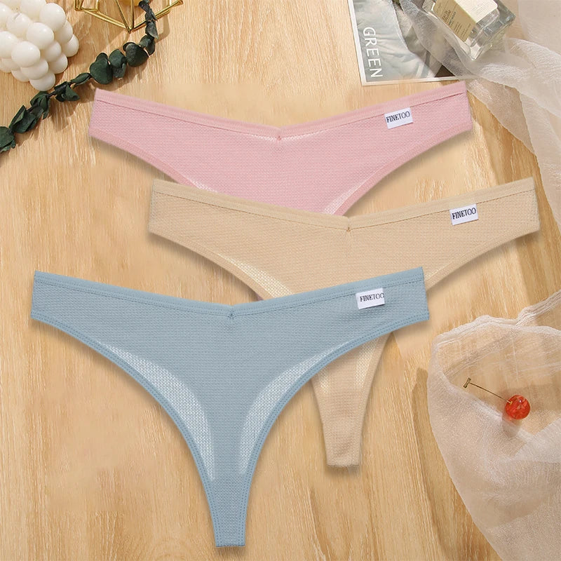 FINETOO 3PCS/Set G-string Panties Waffle Cotton Women's Underwear Sexy Panties Female Underpants Thong V-Waist Pantys Lingerie