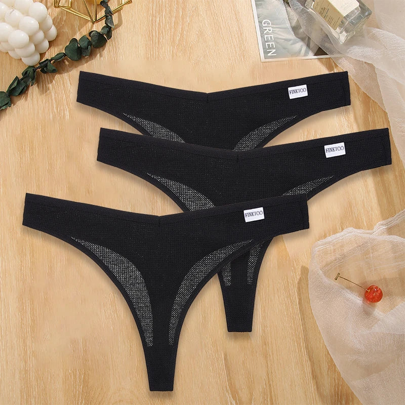FINETOO 3PCS/Set G-string Panties Waffle Cotton Women's Underwear Sexy Panties Female Underpants Thong V-Waist Pantys Lingerie