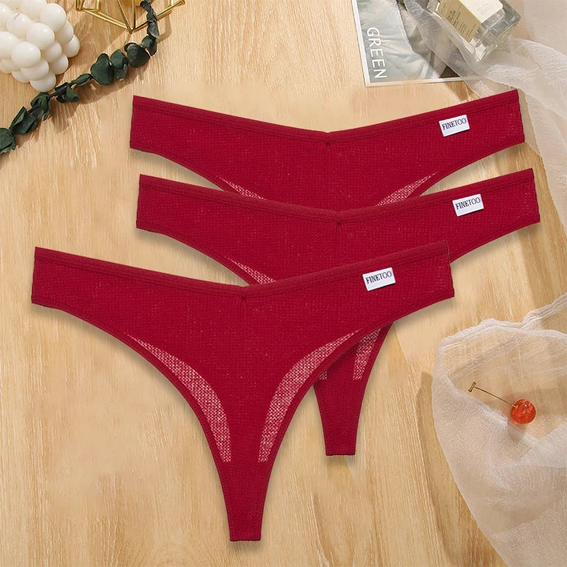 FINETOO 3PCS/Set G-string Panties Waffle Cotton Women's Underwear Sexy Panties Female Underpants Thong V-Waist Pantys Lingerie