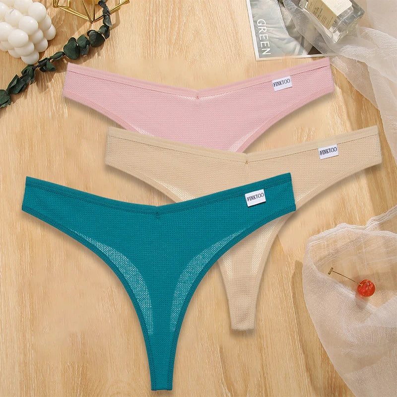FINETOO 3PCS/Set G-string Panties Waffle Cotton Women's Underwear Sexy Panties Female Underpants Thong V-Waist Pantys Lingerie