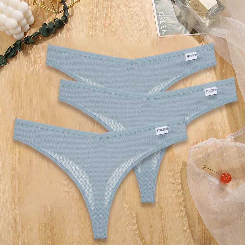 FINETOO 3PCS/Set G-string Panties Waffle Cotton Women's Underwear Sexy Panties Female Underpants Thong V-Waist Pantys Lingerie