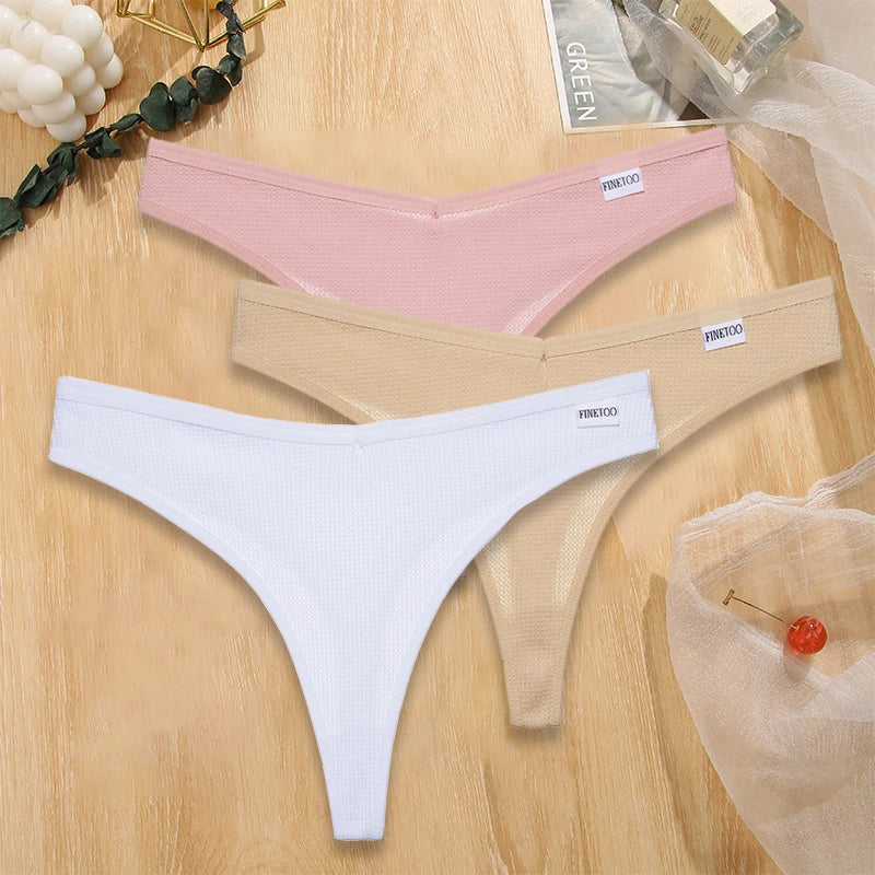 FINETOO 3PCS/Set G-string Panties Waffle Cotton Women's Underwear Sexy Panties Female Underpants Thong V-Waist Pantys Lingerie