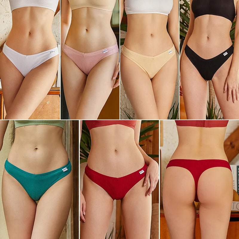 FINETOO 3PCS/Set G-string Panties Waffle Cotton Women's Underwear Sexy Panties Female Underpants Thong V-Waist Pantys Lingerie