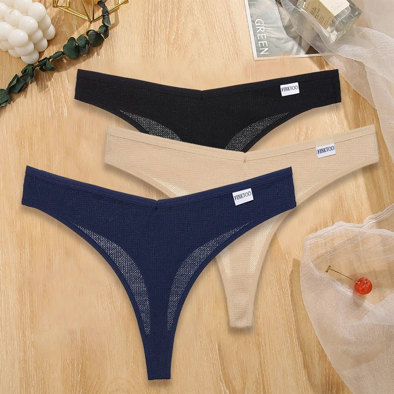 FINETOO 3PCS/Set G-string Panties Waffle Cotton Women's Underwear Sexy Panties Female Underpants Thong V-Waist Pantys Lingerie