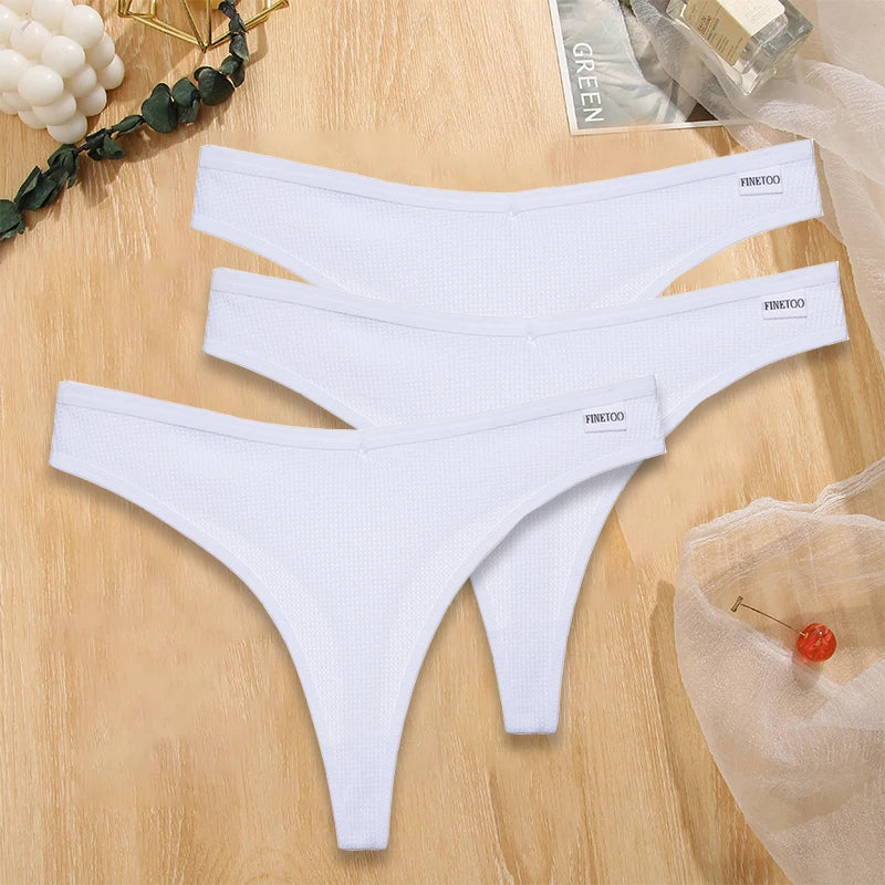 FINETOO 3PCS/Set G-string Panties Waffle Cotton Women's Underwear Sexy Panties Female Underpants Thong V-Waist Pantys Lingerie