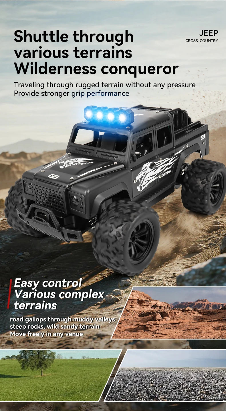 Remote control toy off-road vehicle, all-terrain adaptability, spring shock absorption, easy climbing, LED searchlight