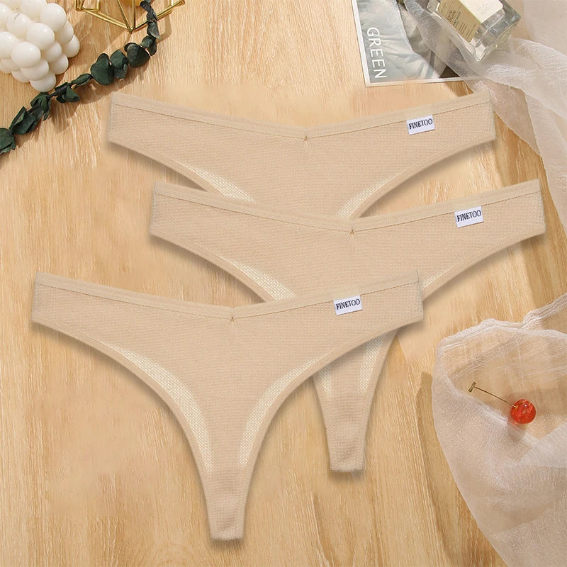 FINETOO 3PCS/Set G-string Panties Waffle Cotton Women's Underwear Sexy Panties Female Underpants Thong V-Waist Pantys Lingerie