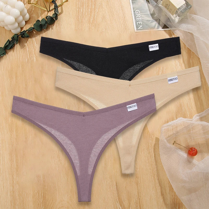 FINETOO 3PCS/Set G-string Panties Waffle Cotton Women's Underwear Sexy Panties Female Underpants Thong V-Waist Pantys Lingerie