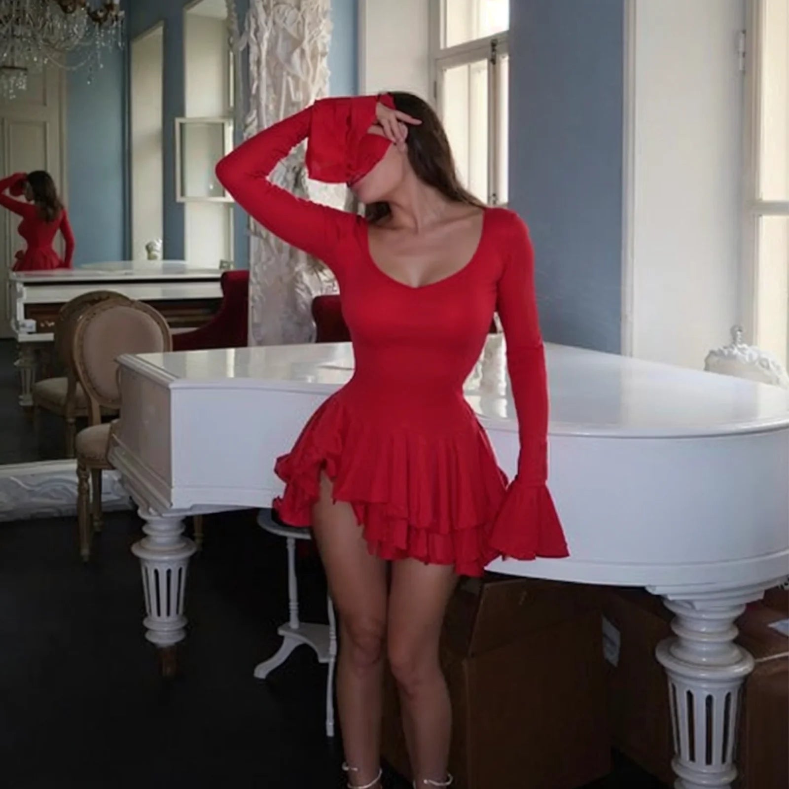 Flare Sleeve Ruffle Sexy V Neck Mini Women Robe Irregular Single-breasted High Waist Slim A-line luxury birthday Dress vestido