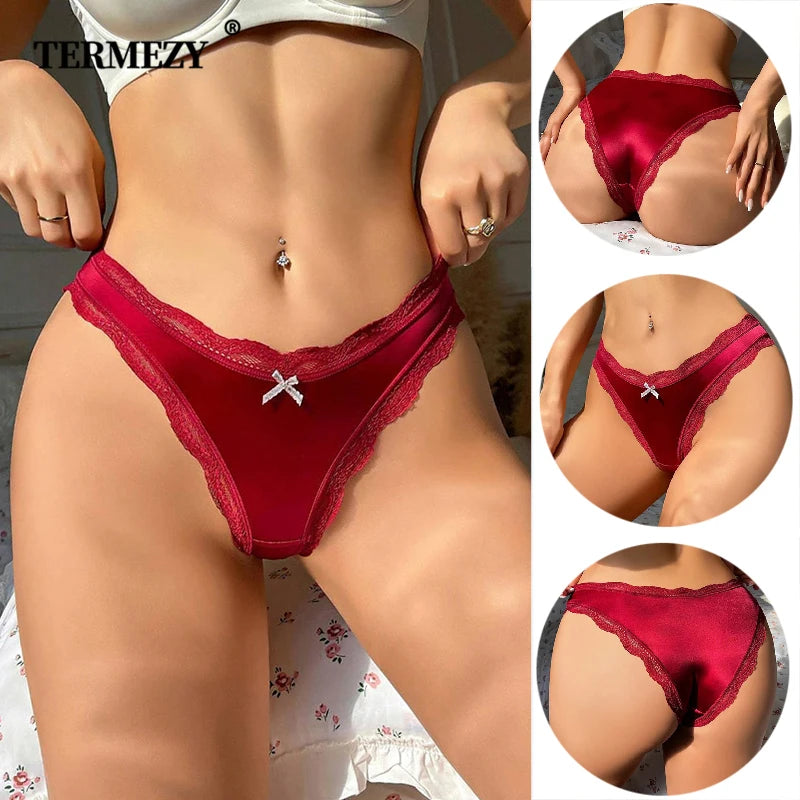 TERMEZY  Hollow Out Solid Comfortable Female Lingerie Silk Satin One-piece Lace Underwear Sexy Satin Low-Waist Panties Triangle
