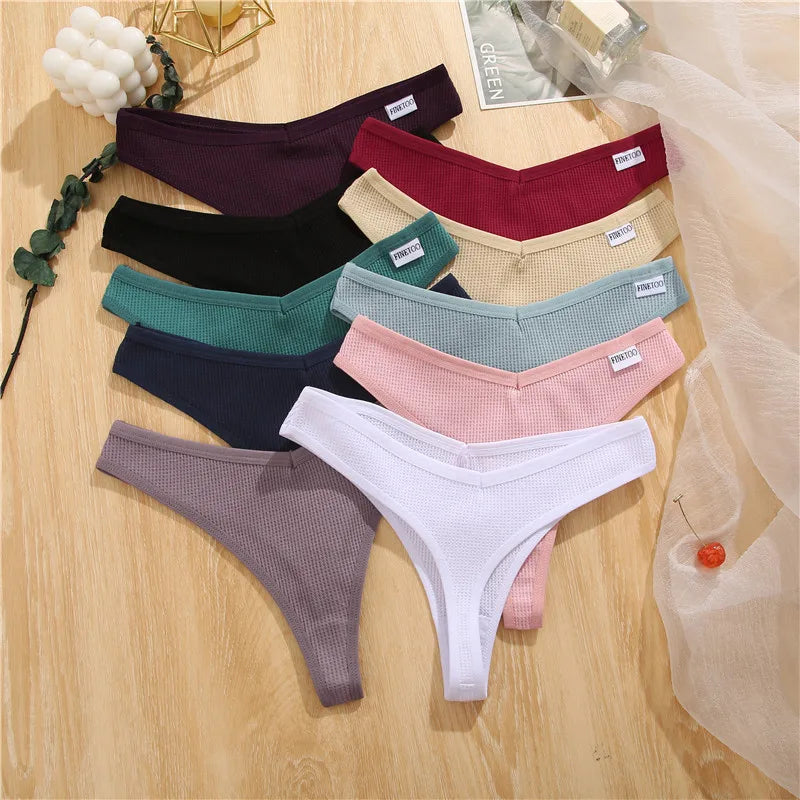 FINETOO 3PCS/Set G-string Panties Waffle Cotton Women's Underwear Sexy Panties Female Underpants Thong V-Waist Pantys Lingerie