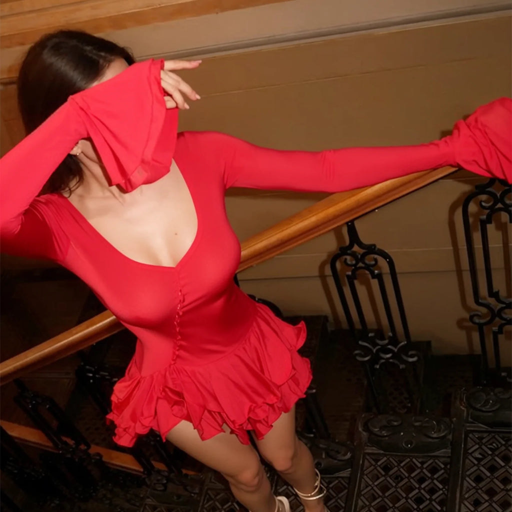 Flare Sleeve Ruffle Sexy V Neck Mini Women Robe Irregular Single-breasted High Waist Slim A-line luxury birthday Dress vestido