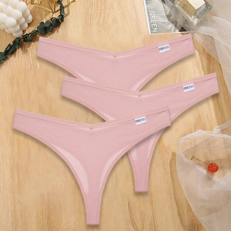 FINETOO 3PCS/Set G-string Panties Waffle Cotton Women's Underwear Sexy Panties Female Underpants Thong V-Waist Pantys Lingerie