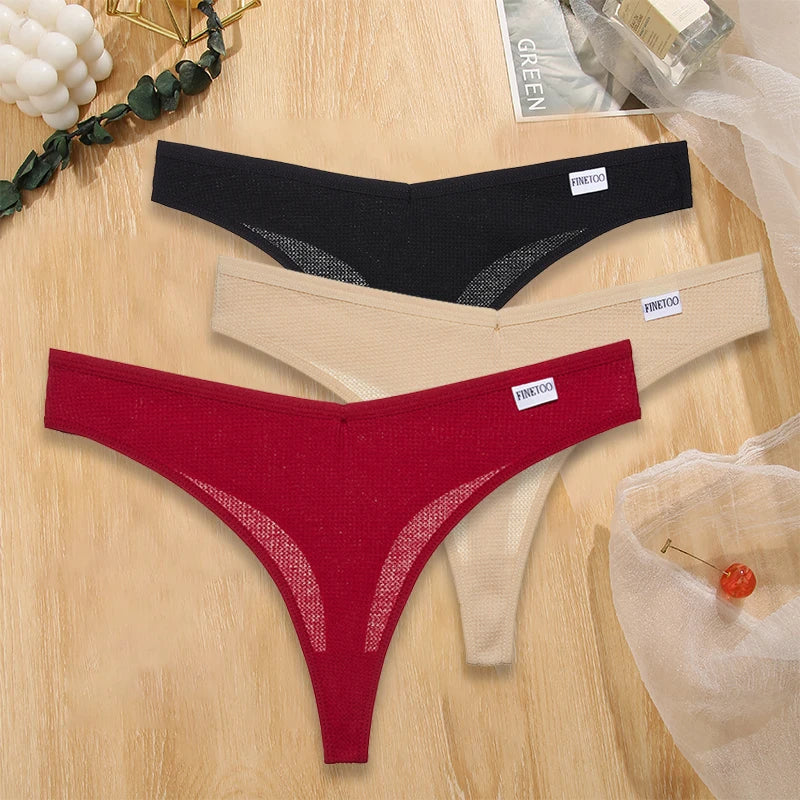 FINETOO 3PCS/Set G-string Panties Waffle Cotton Women's Underwear Sexy Panties Female Underpants Thong V-Waist Pantys Lingerie