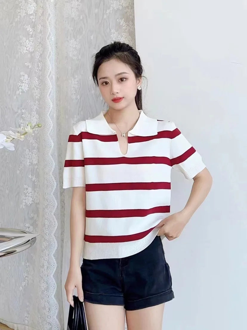 New Striped Pattern Collared Sweater Versatile Short Sleeve Knitted Top For Spring & Summer Women's Clothing Crop Top
