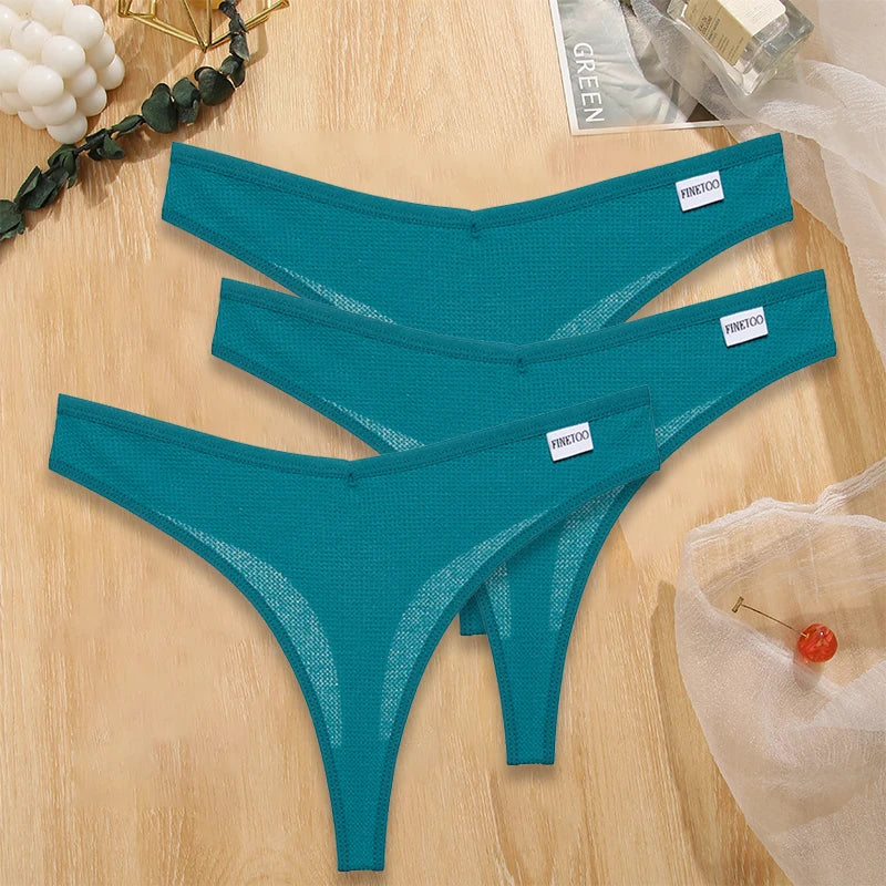 FINETOO 3PCS/Set G-string Panties Waffle Cotton Women's Underwear Sexy Panties Female Underpants Thong V-Waist Pantys Lingerie