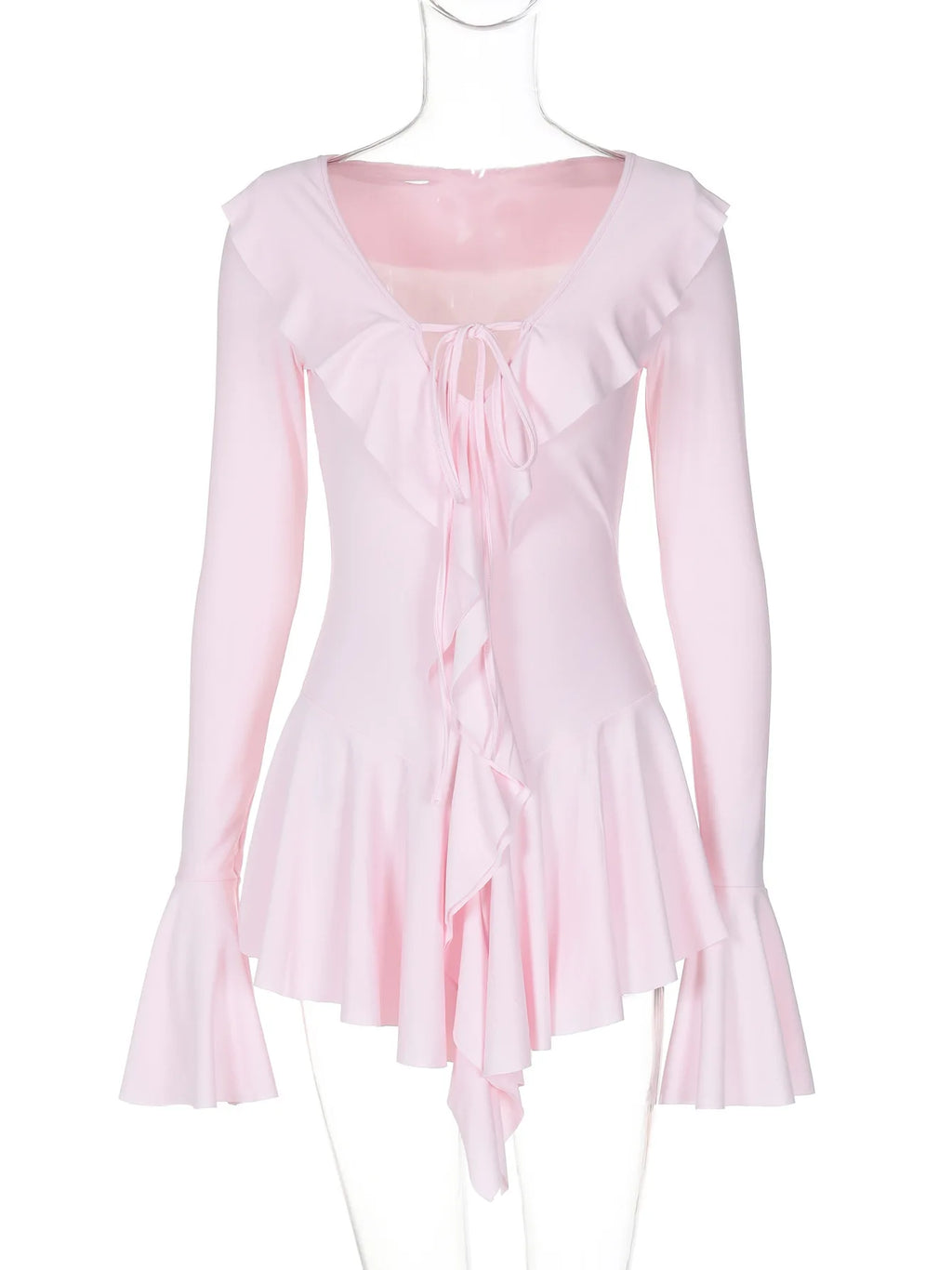 Women's Elegant Casual Dress Spring 2025 Deep V Neck Flared Sleeve Ruffled Lace Pleated Short Fashion Dress