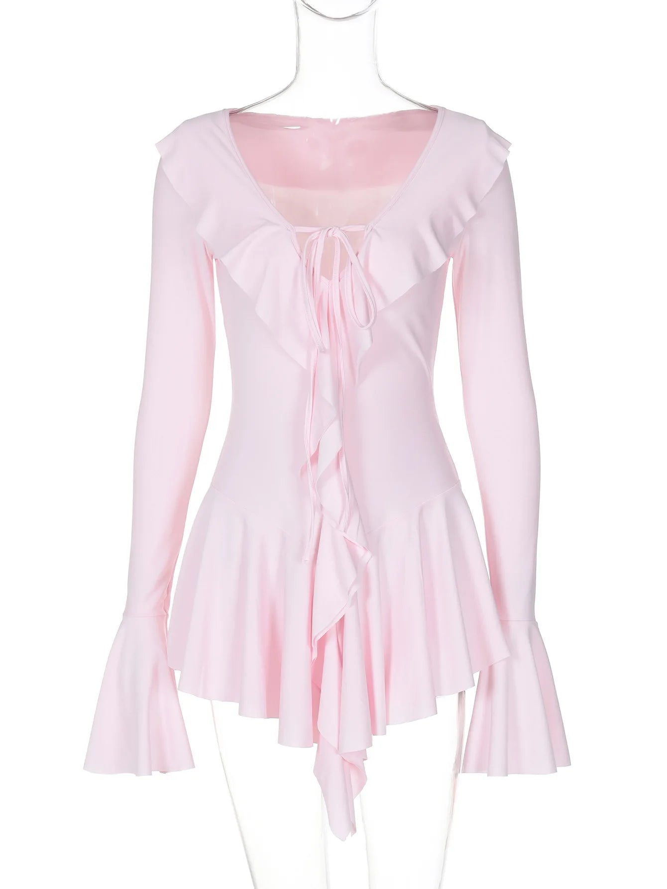 Women's Elegant Casual Dress Spring 2025 Deep V Neck Flared Sleeve Ruffled Lace Pleated Short Fashion Dress