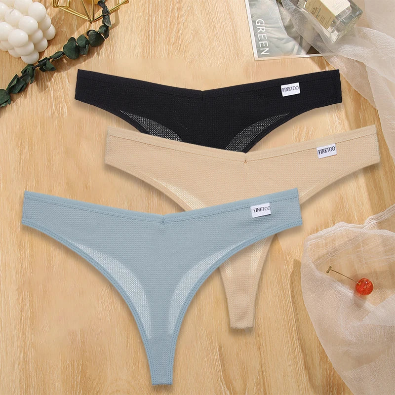FINETOO 3PCS/Set G-string Panties Waffle Cotton Women's Underwear Sexy Panties Female Underpants Thong V-Waist Pantys Lingerie