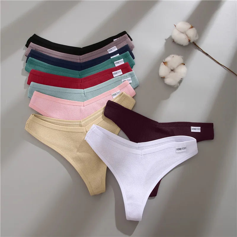 FINETOO 3PCS/Set G-string Panties Waffle Cotton Women's Underwear Sexy Panties Female Underpants Thong V-Waist Pantys Lingerie